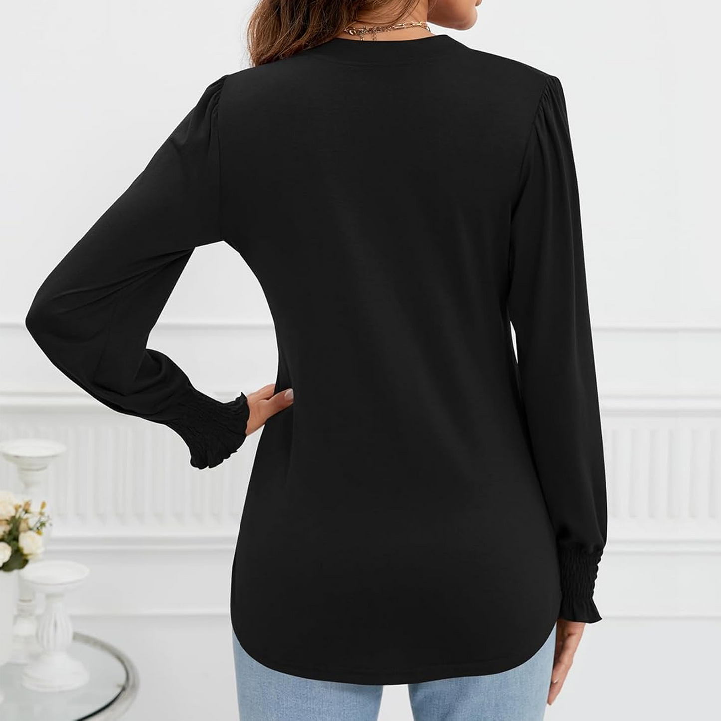 SOMER Womens V Neck Blouses Long Sleeve Dressy Tops Ruffle Cuff Puff Sleeve Business Casual Shirt Fall Work Wear