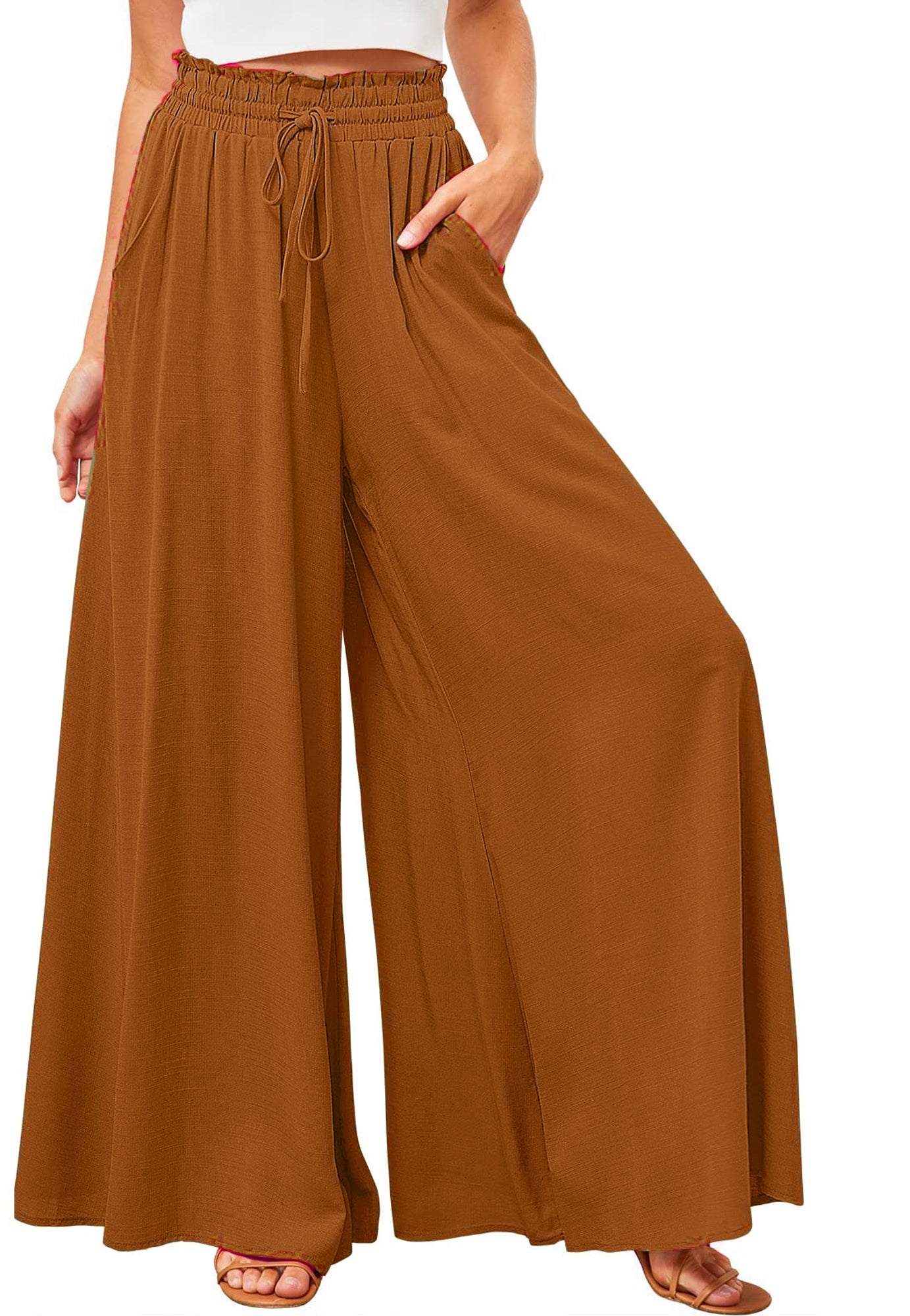SOMER Pants for Women Flowy Dressy Casual Elastic High Waist Wide Leg Palazzo Pants with Pocket