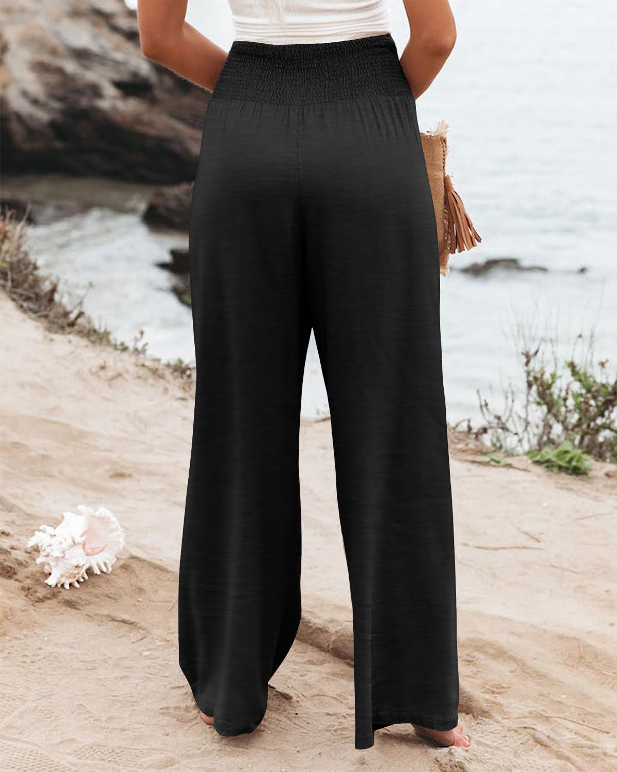 SOMER Womens Elastic High Waisted Palazzo Pants Casual Wide Leg Long Lounge Pant Trousers with Pocket
