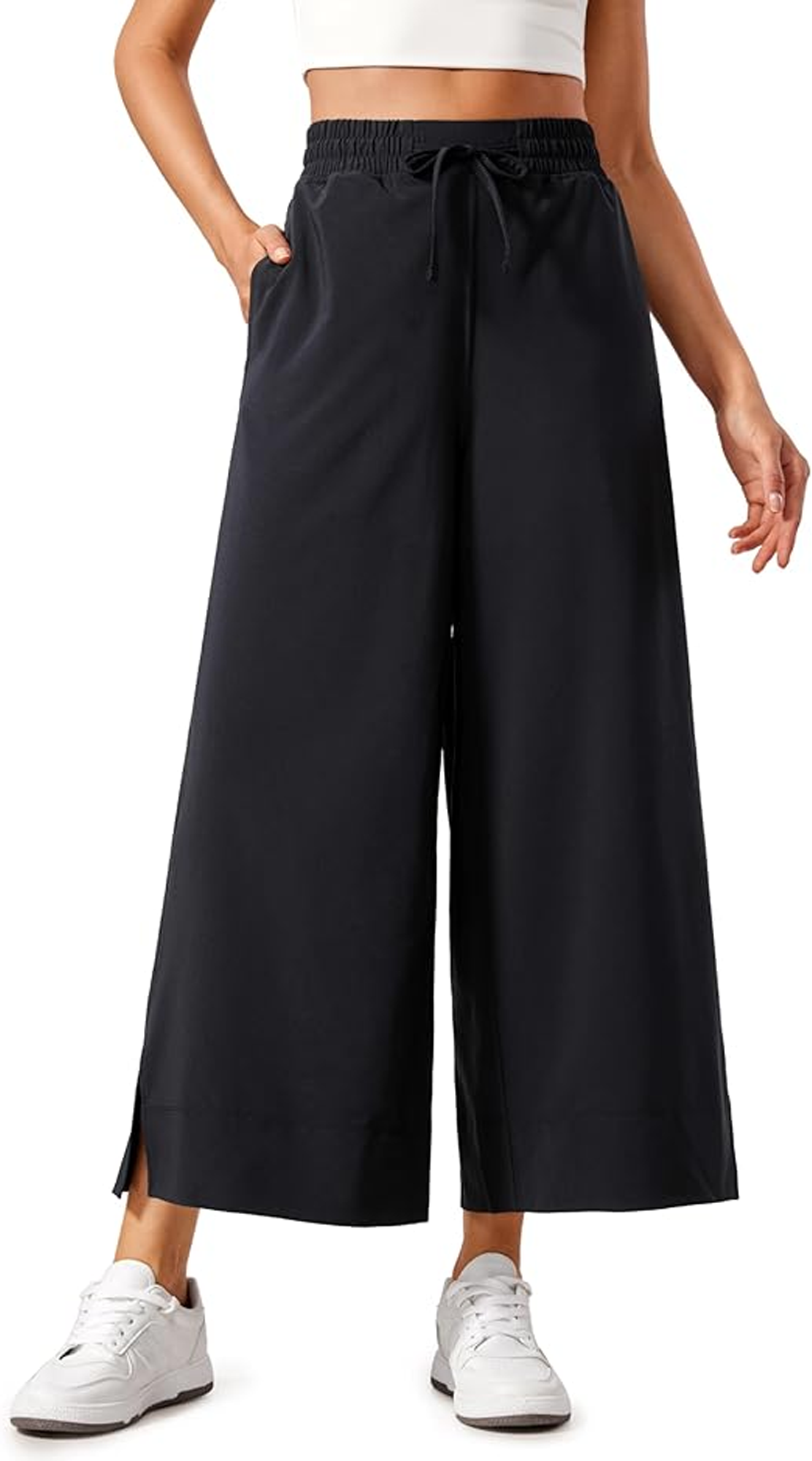SOMER Women’s Wide Leg Cropped Sweatpants Flowy Yoga Lounge Pants High Waisted Lightweight Loose Fit Casual Pants Drawstring With Pocket Black