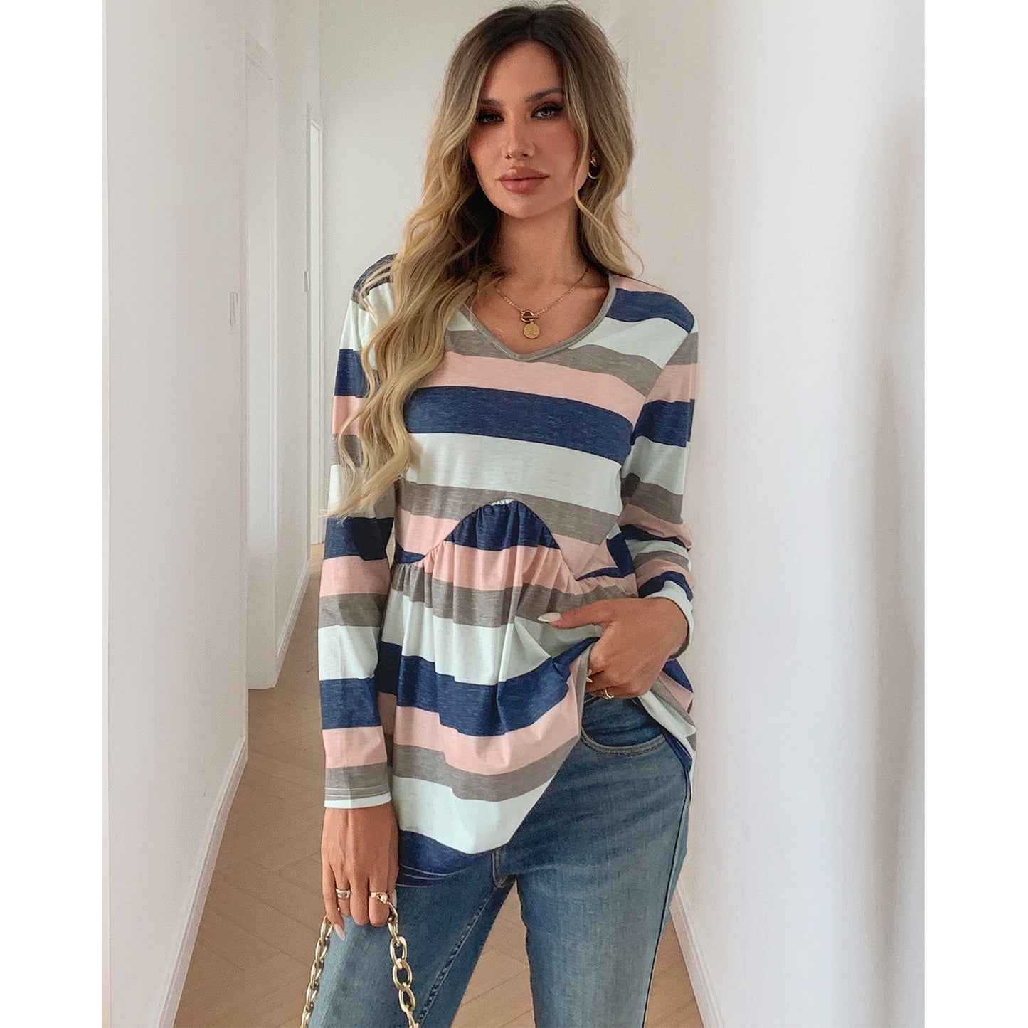 SOMER Women Stripe Tshirts Flowy Long Sleeve V Neck Tunic Top Trendy A-Line Blouses for Going out