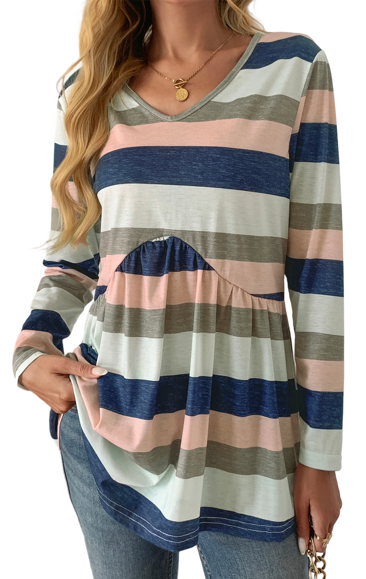 SOMER Women Stripe Tshirts Flowy Long Sleeve V Neck Tunic Top Trendy A-Line Blouses for Going out