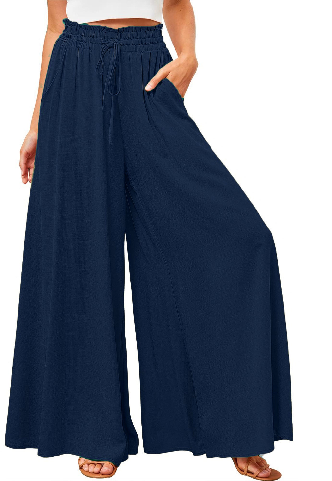 SOMER Pants for Women Flowy Dressy Casual Elastic High Waist Wide Leg Palazzo Pants with Pocket