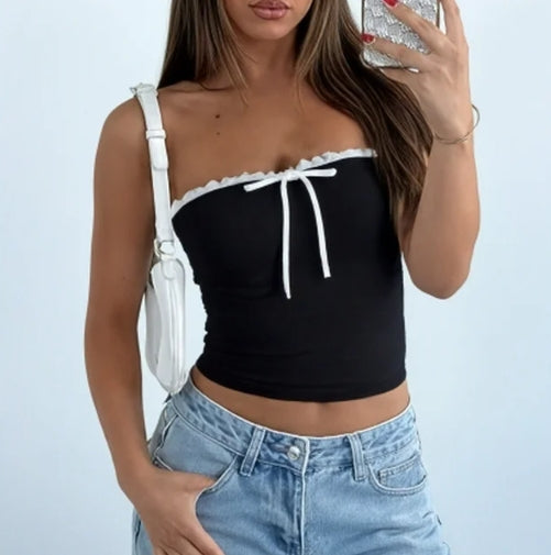 SOMER Strapless Tops for Women, Tube Top Ruffle Trim Bow Tie Bandeau Sleeveless Slim Fit Crop Top for Casual Party Clubwear
