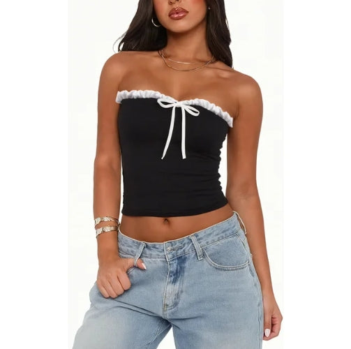 SOMER Strapless Tops for Women, Tube Top Ruffle Trim Bow Tie Bandeau Sleeveless Slim Fit Crop Top for Casual Party Clubwear