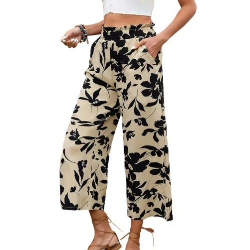 SOMER Capri Pants for Women, Wide Leg Pants Woman, Apricot with Black Floral Print, Loose Fit, Lightweight Stylish