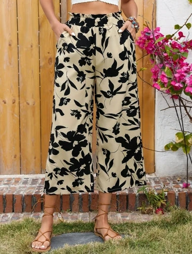 SOMER Capri Pants for Women, Wide Leg Pants Woman, Apricot with Black Floral Print, Loose Fit, Lightweight Stylish