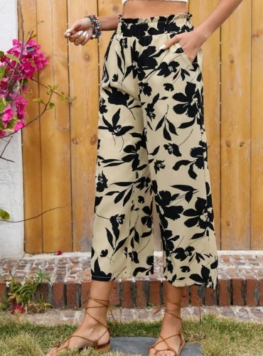 SOMER Capri Pants for Women, Wide Leg Pants Woman, Apricot with Black Floral Print, Loose Fit, Lightweight Stylish