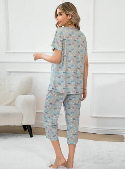 SOMER Womens Pajama Sets Cotton Pj Set Short Sleeve Top With Capri Pants Sleepwear 2 Piece Lounge Set