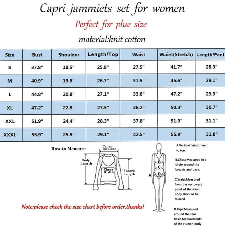 SOMER Womens Pajama Sets Cotton Pj Set Short Sleeve Top With Capri Pants Sleepwear 2 Piece Lounge Set