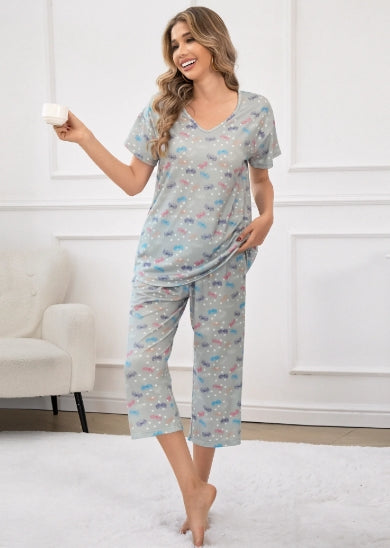 SOMER Womens Pajama Sets Cotton Pj Set Short Sleeve Top With Capri Pants Sleepwear 2 Piece Lounge Set