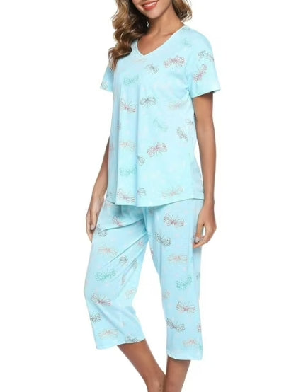 SOMER Womens Pajama Sets Cotton Pj Set Short Sleeve Top With Capri Pants Sleepwear 2 Piece Lounge Set