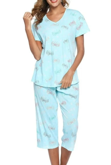 SOMER Womens Pajama Sets Cotton Pj Set Short Sleeve Top With Capri Pants Sleepwear 2 Piece Lounge Set