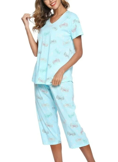 SOMER Womens Pajama Sets Cotton Pj Set Short Sleeve Top With Capri Pants Sleepwear 2 Piece Lounge Set