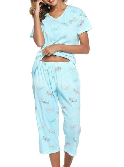 SOMER Womens Pajama Sets Cotton Pj Set Short Sleeve Top With Capri Pants Sleepwear 2 Piece Lounge Set