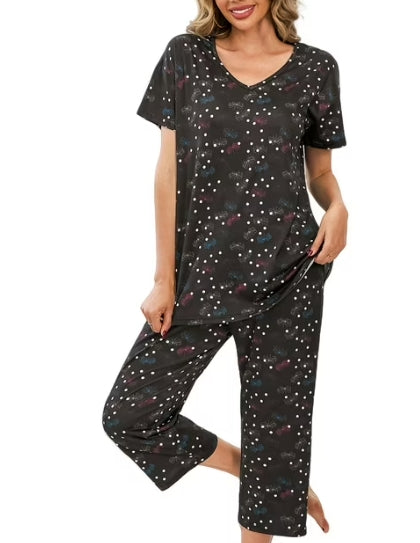 SOMER Womens Pajama Sets Cotton Pj Set Short Sleeve Top With Capri Pants Sleepwear 2 Piece Lounge Set