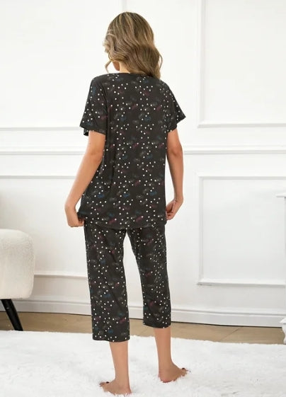 SOMER Womens Pajama Sets Cotton Pj Set Short Sleeve Top With Capri Pants Sleepwear 2 Piece Lounge Set