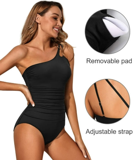 SOMER One Shoulder One Piece Swimsuit for Women Tummy Control Bathing Suits Modest Full Coverage Keyhole Swimwear, Black