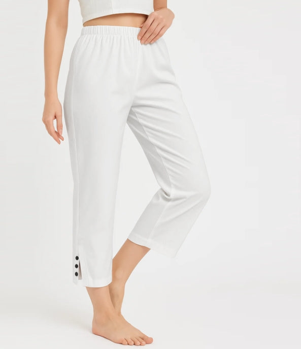 SOMER Capri Pants for Women Casual Cropped Linen Pants Women with Side Slits, Apricot, Loose Comfortable Lounge Pants with Decorative Buttons