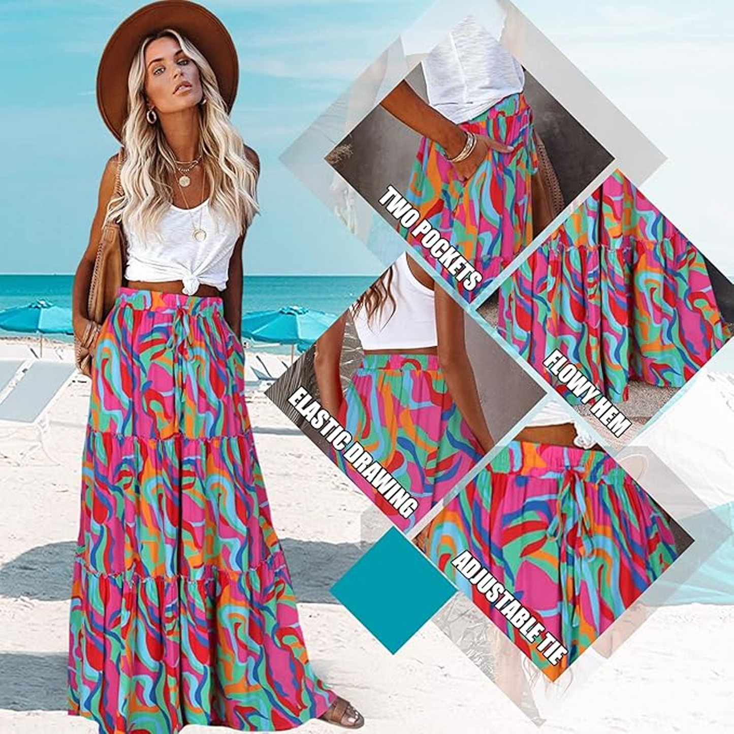 SOMER Skirts For Women Casual High Waist Tie Paisley Print Long Maxi Skirt With Pockets