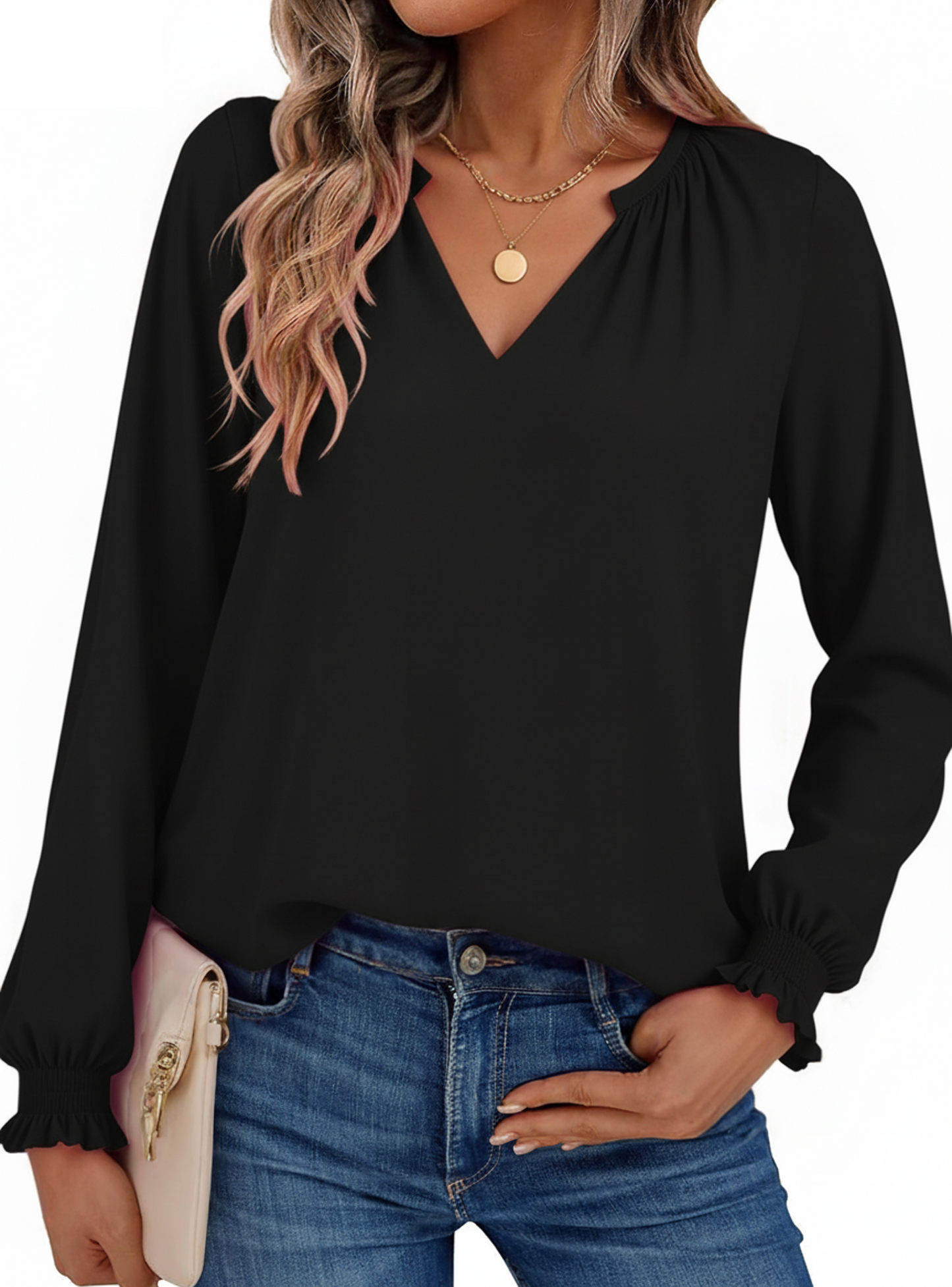 SOMER Blouses for Women Dressy Casual, Trendy V Neck Long Sleeve Shirts for Women, Elegant Casual Womens Fall Tops Pleated Cuffs 2025