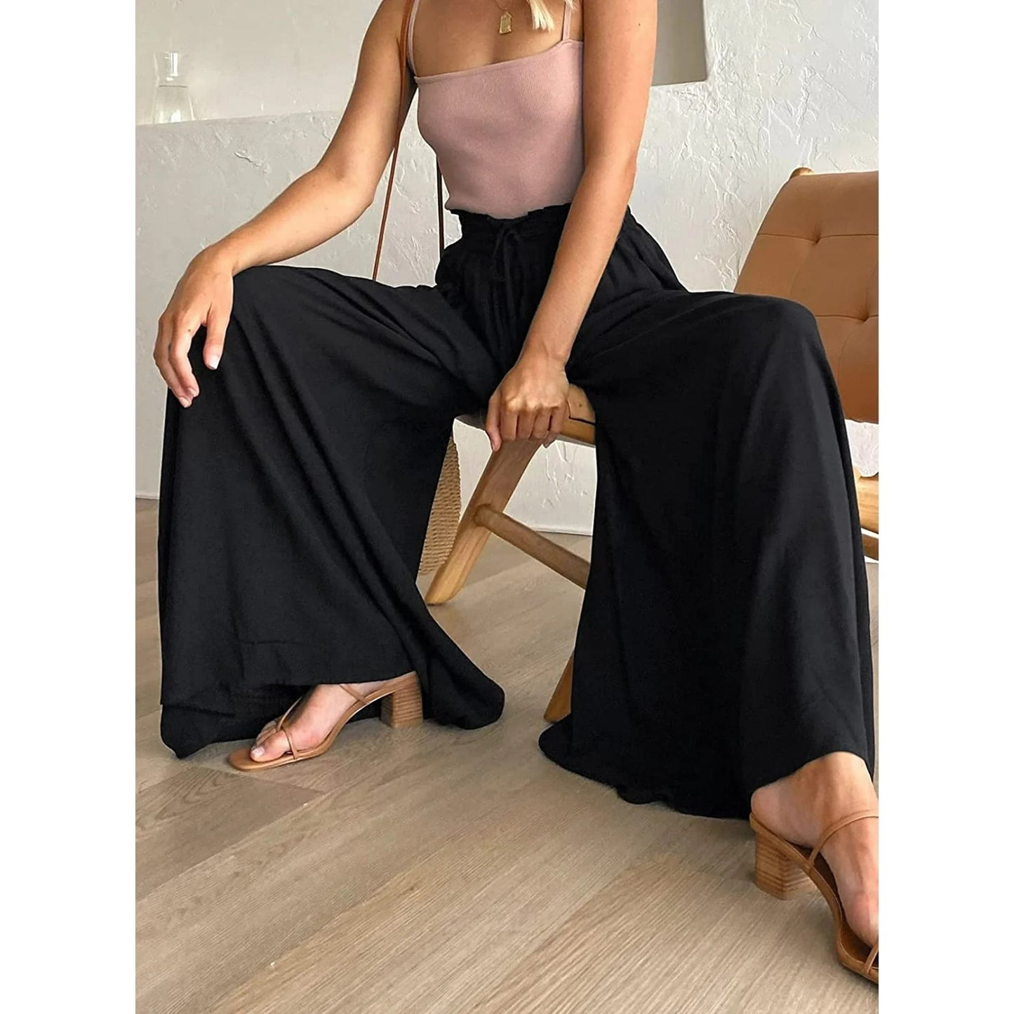 SOMER Pants for Women Flowy Dressy Casual Elastic High Waist Wide Leg Palazzo Pants with Pocket