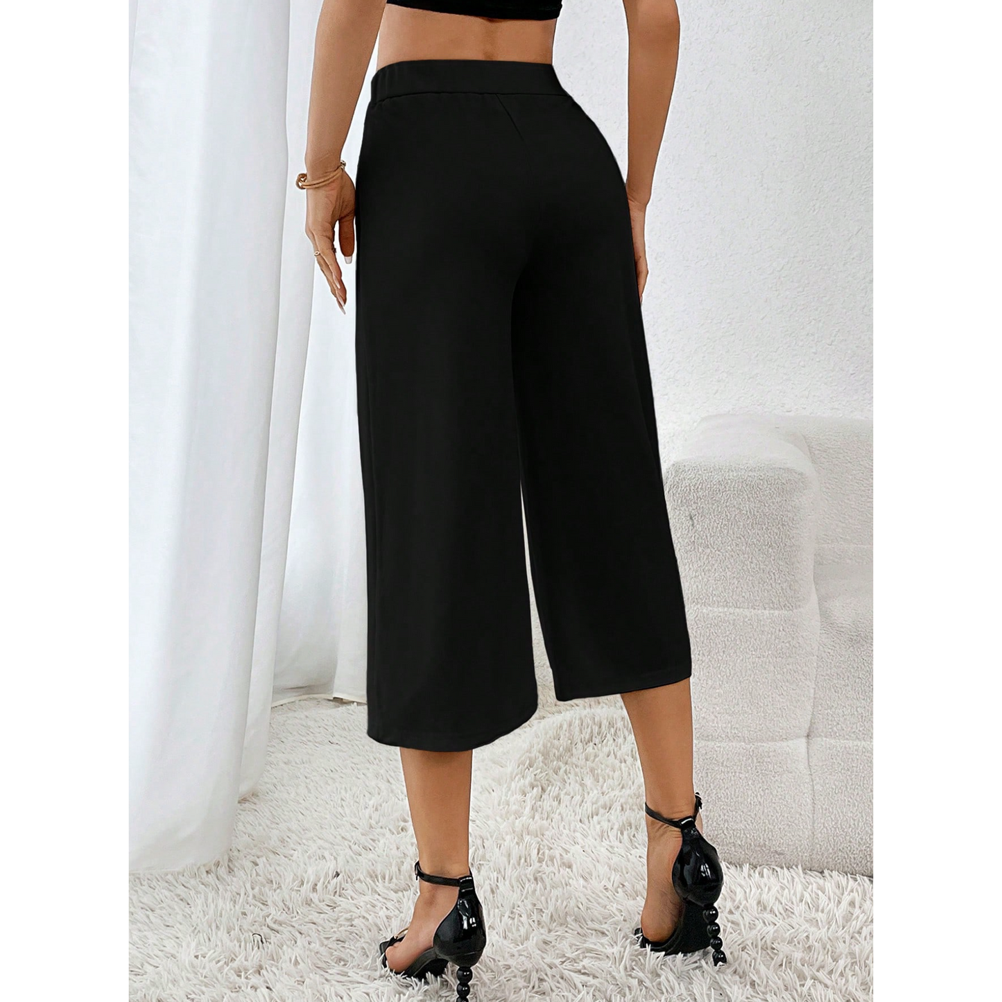 SOMER Capri Pants for Women, Wide Leg Pants Woman, Loose Fit, Black, Solid Color with Buckle, Casual Comfortable