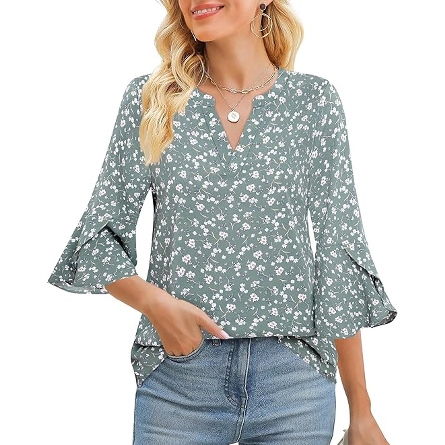 SOMER Boho Tops for Women Dressy Casual Blouses 3/4 Sleeve Floral Print Shirts,2026 Fall