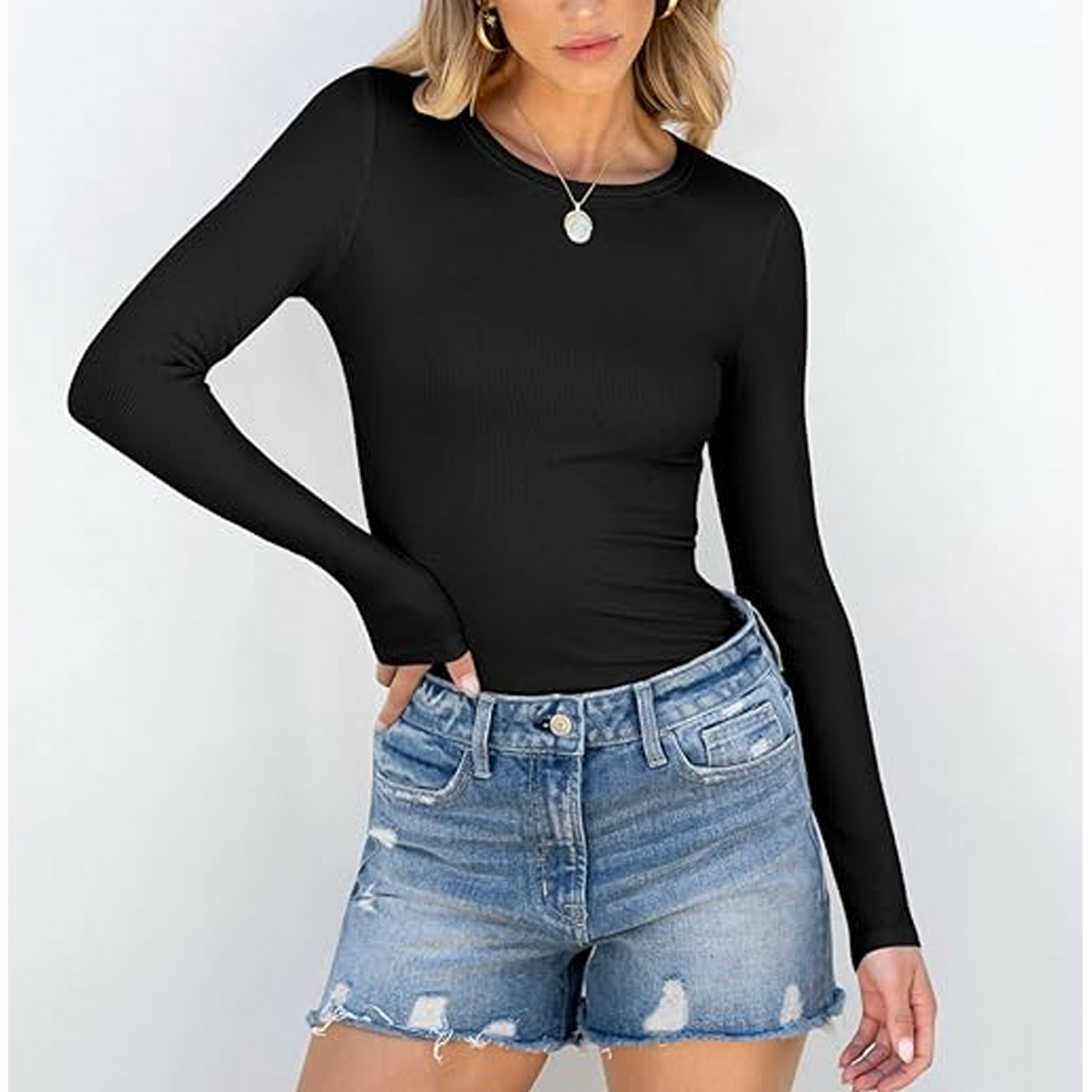Fantaslook Fitted Long Sleeve Shirts for Women Stretch Casual Basic Tops Crewneck Ribbed Tees Shirts