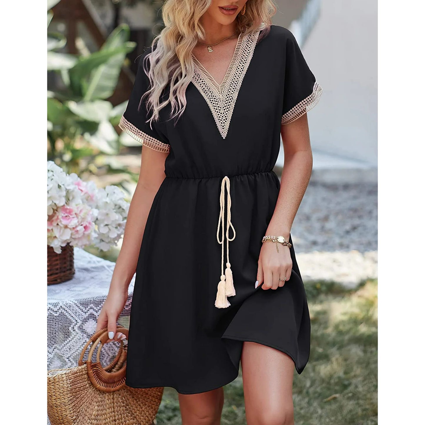 SOMER Dresses for Women Casual Wedding Guest Dress Short Sleeve V Neck Tie Front Flowy Black Maxi Cocktail Dresses for Women Summer Fall 2025