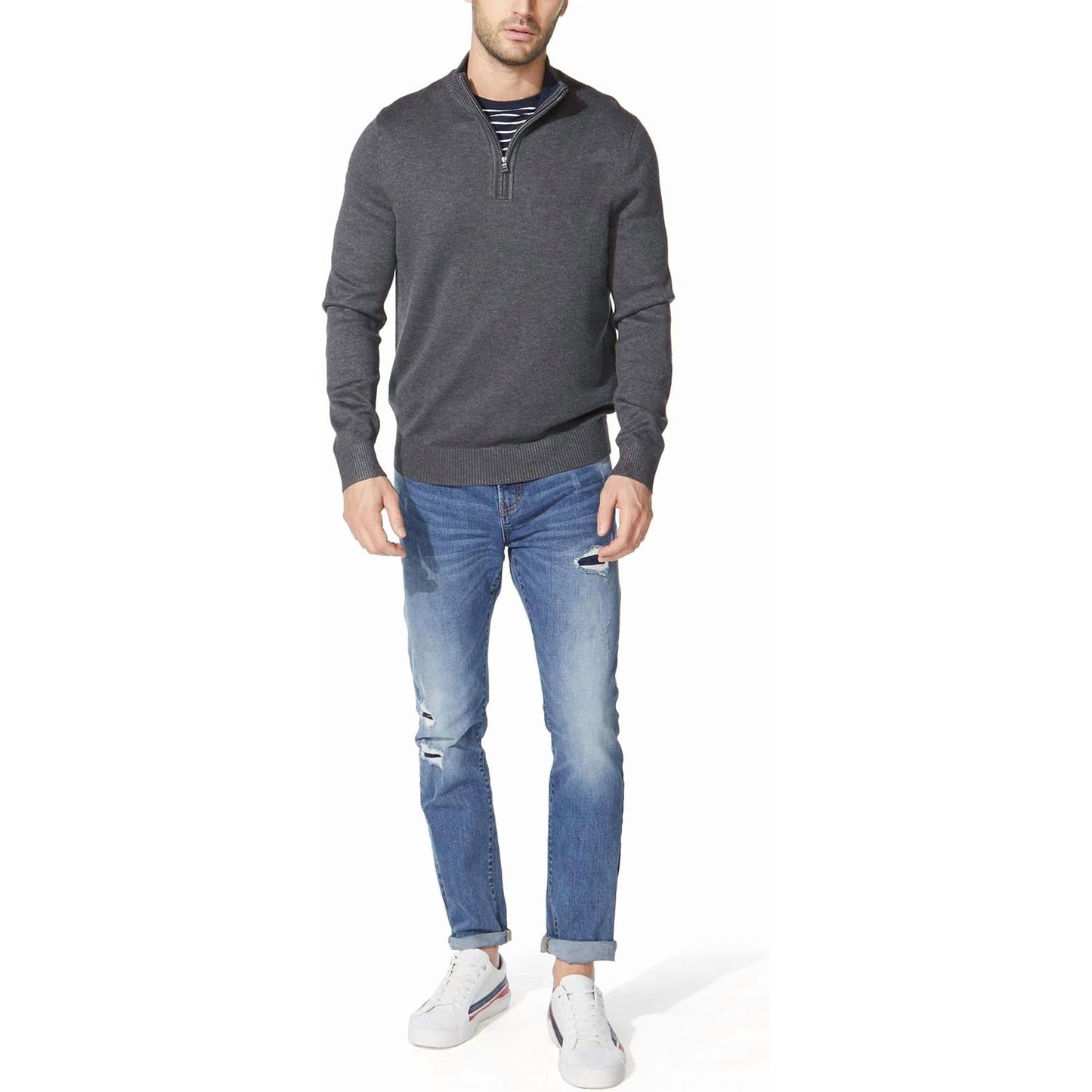 Puztloy Mens Quarter Zip Up Sweaters Mock Neck Pullover Casual Polo Sweaters