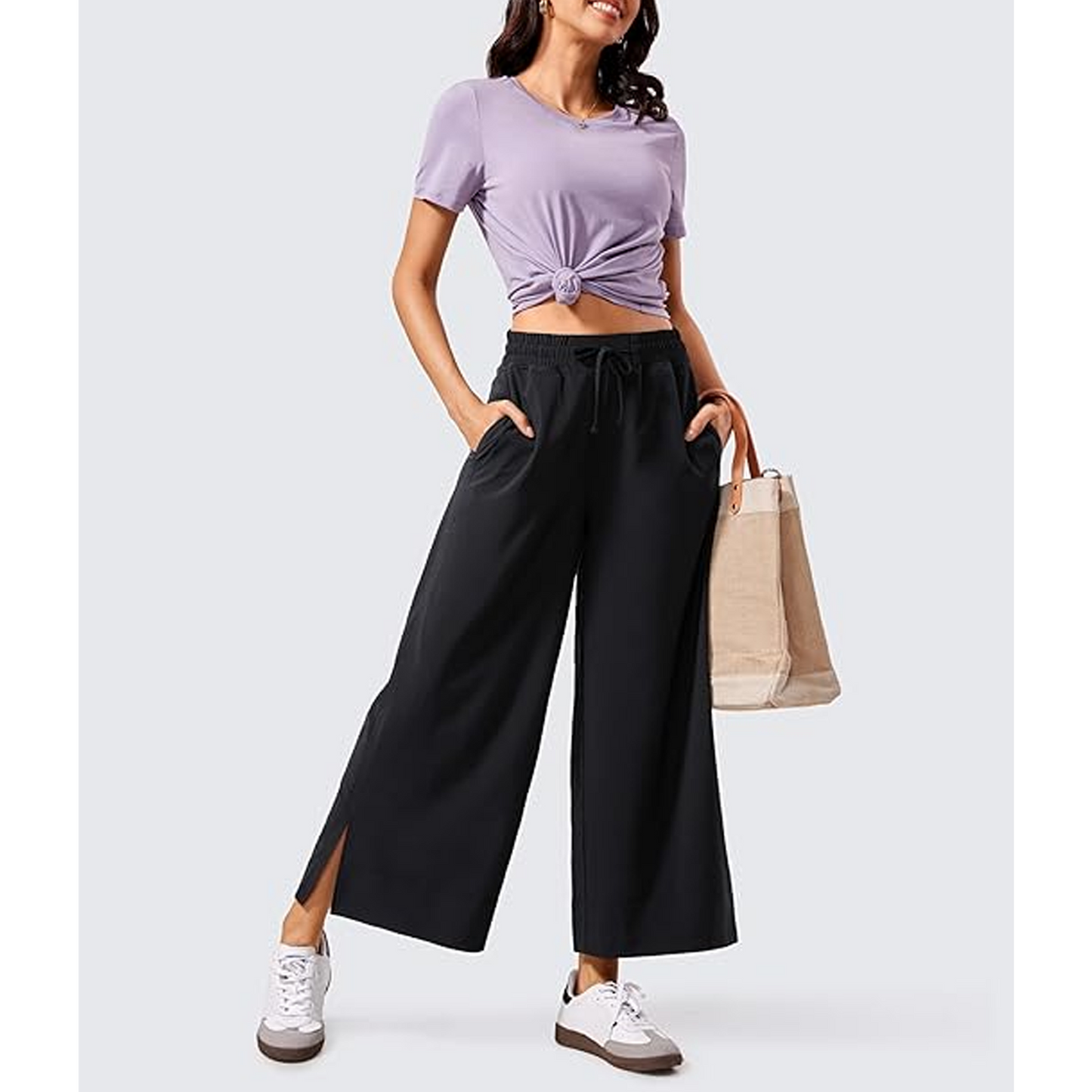 SOMER Women’s Wide Leg Cropped Sweatpants Flowy Yoga Lounge Pants High Waisted Lightweight Loose Fit Casual Pants Drawstring With Pocket Black