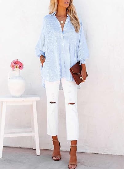 SOMER Womens Smocked Cuffed Striped Boyfriend Shirt Casual Collar Long Sleeve Button Down Blouse Tops with Pocket Shirred