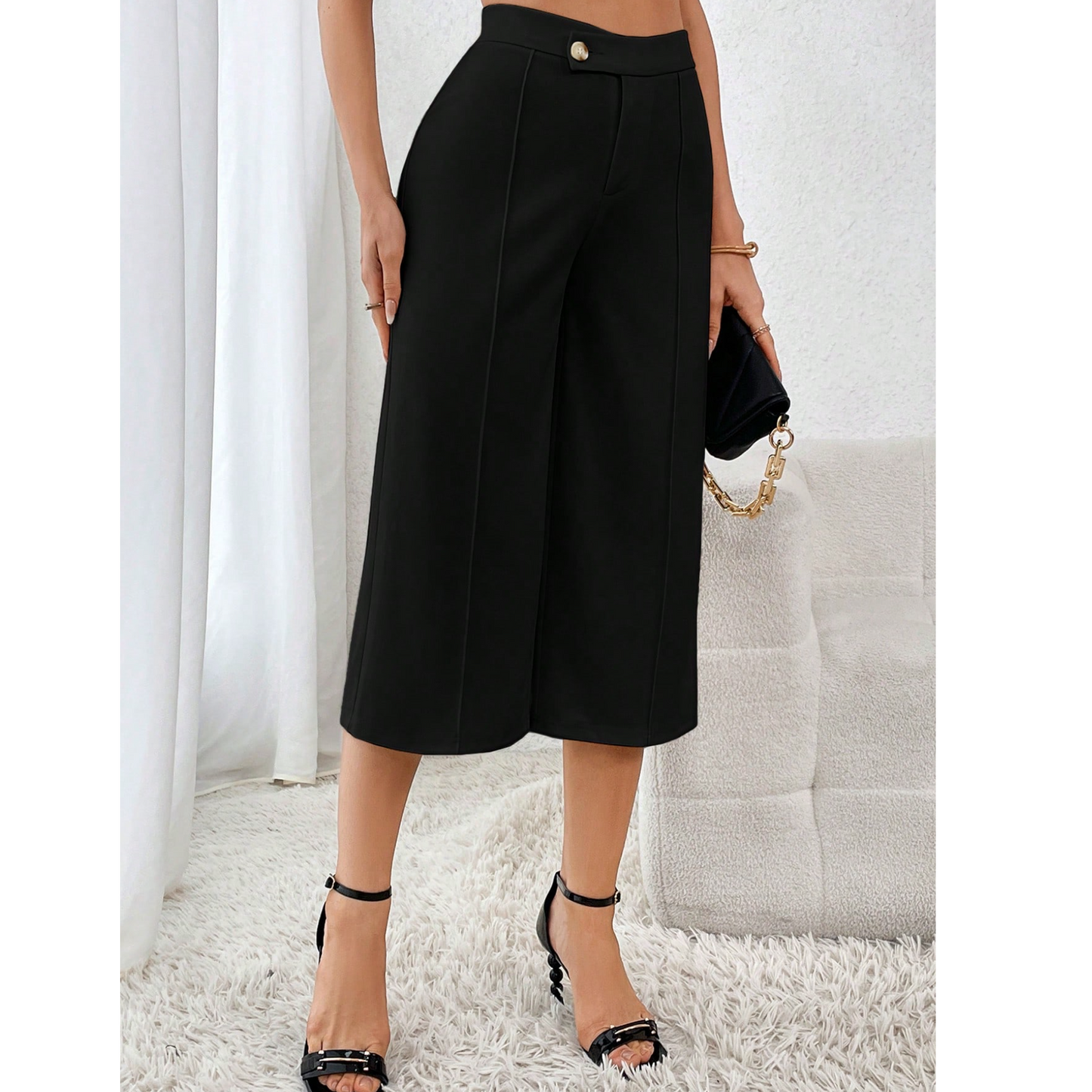 SOMER Capri Pants for Women, Wide Leg Pants Woman, Loose Fit, Black, Solid Color with Buckle, Casual Comfortable