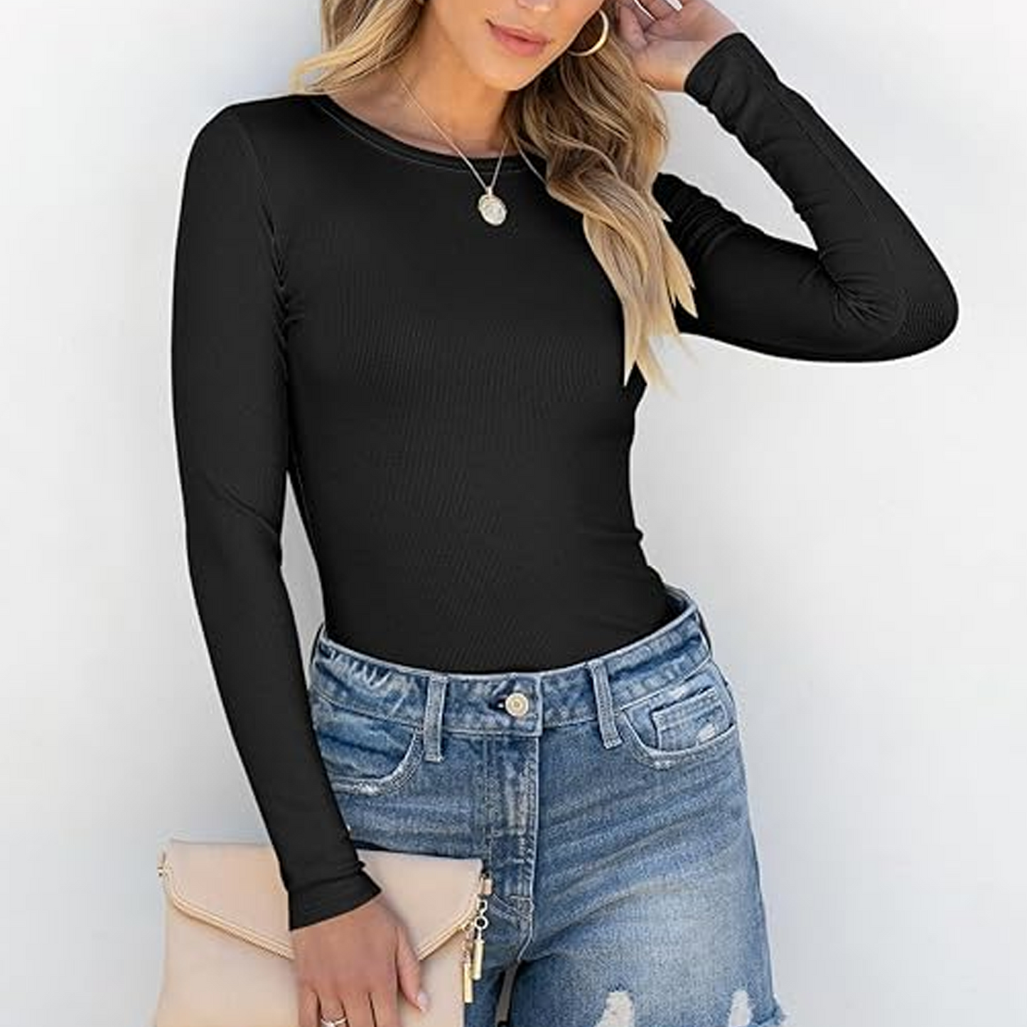 Fantaslook Fitted Long Sleeve Shirts for Women Stretch Casual Basic Tops Crewneck Ribbed Tees Shirts