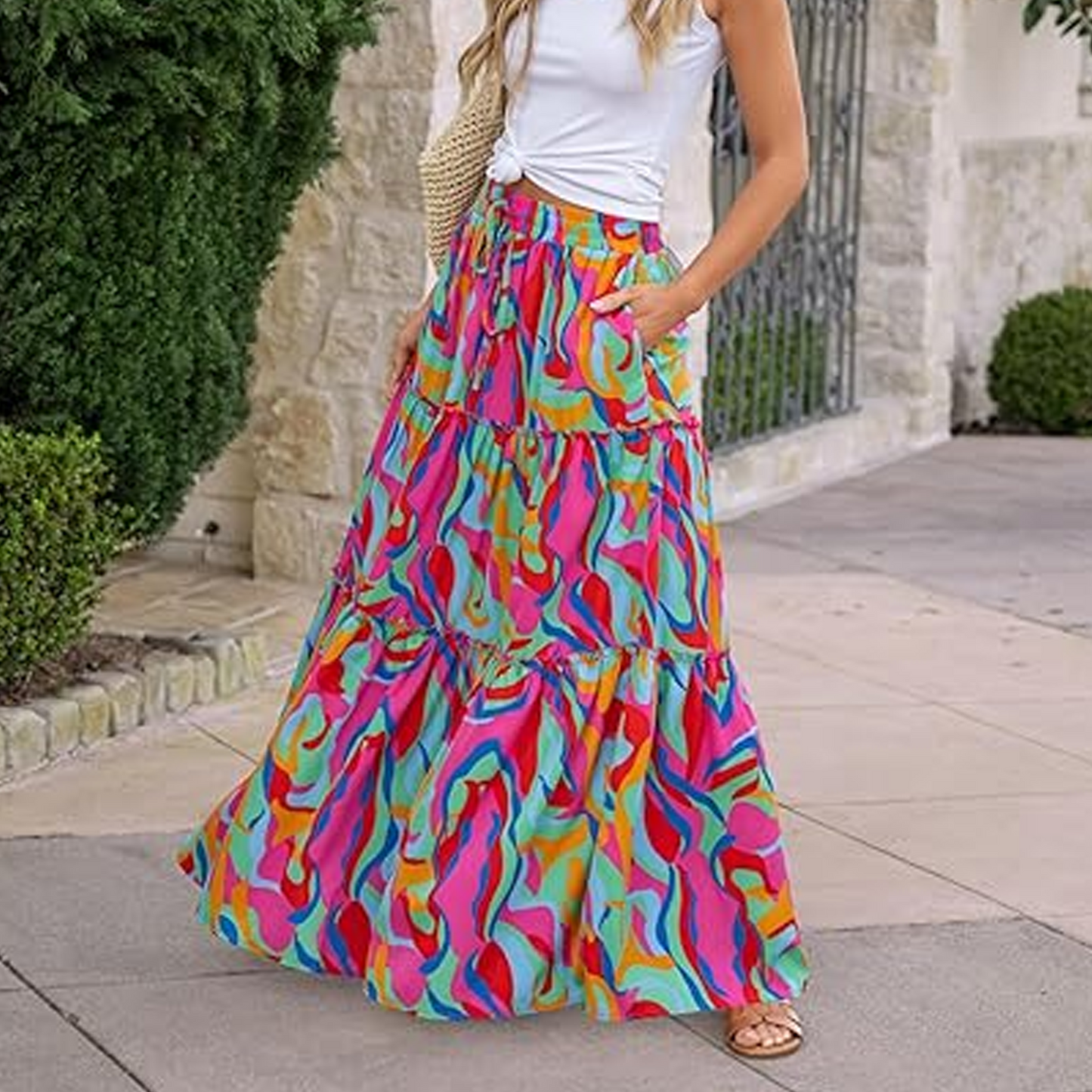 SOMER Skirts For Women Casual High Waist Tie Paisley Print Long Maxi Skirt With Pockets