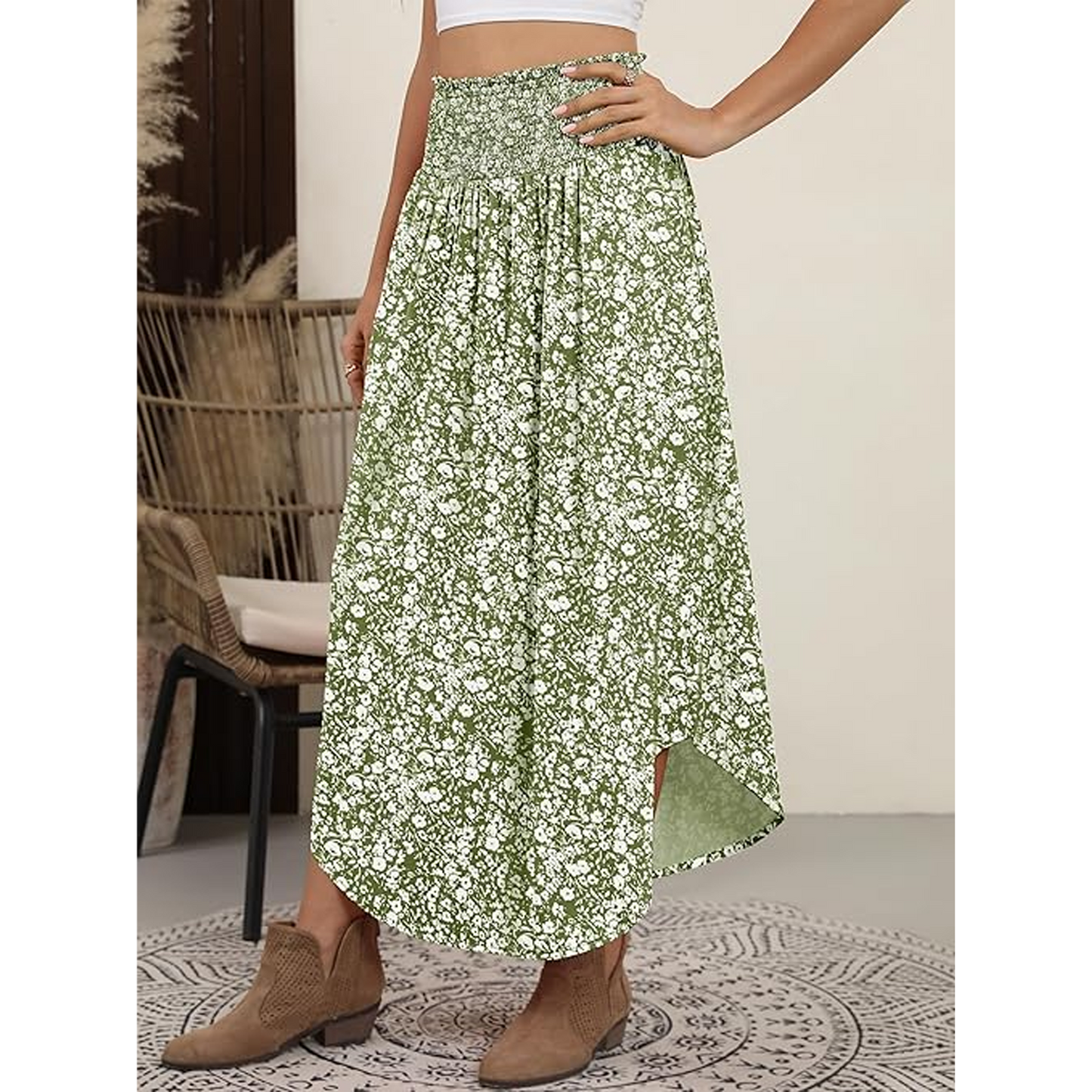SOMER Skirts For Women Summer Boho Floral High Waisted Flowy Swing Pleated Beach Long Skirt With Pockets