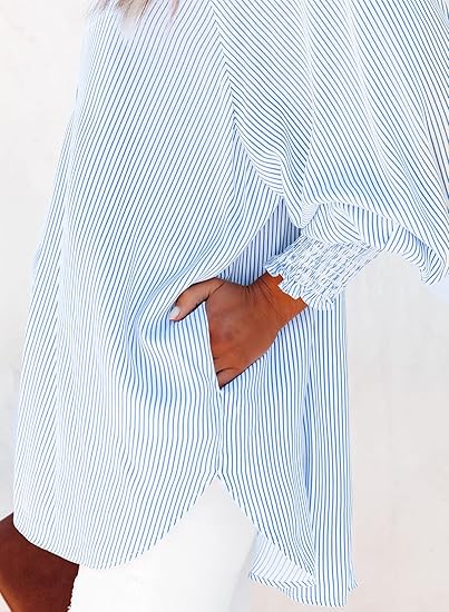 SOMER Womens Smocked Cuffed Striped Boyfriend Shirt Casual Collar Long Sleeve Button Down Blouse Tops with Pocket Shirred