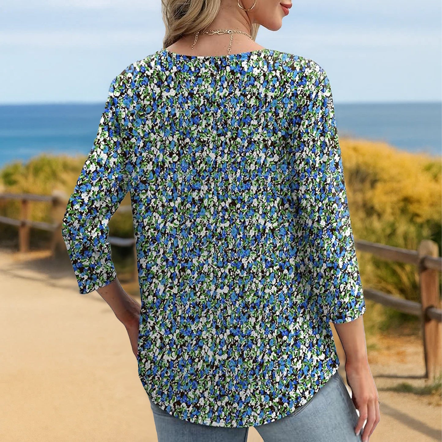 SOMER Women Floral Tunic Top 3/4 Sleeve Dressy Casual Crew Neck Pleated Blouses for Going Out,2025