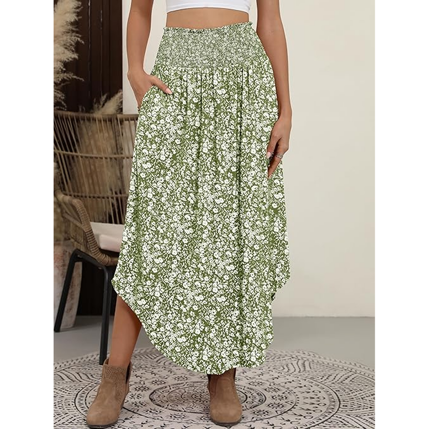 SOMER Skirts For Women Summer Boho Floral High Waisted Flowy Swing Pleated Beach Long Skirt With Pockets