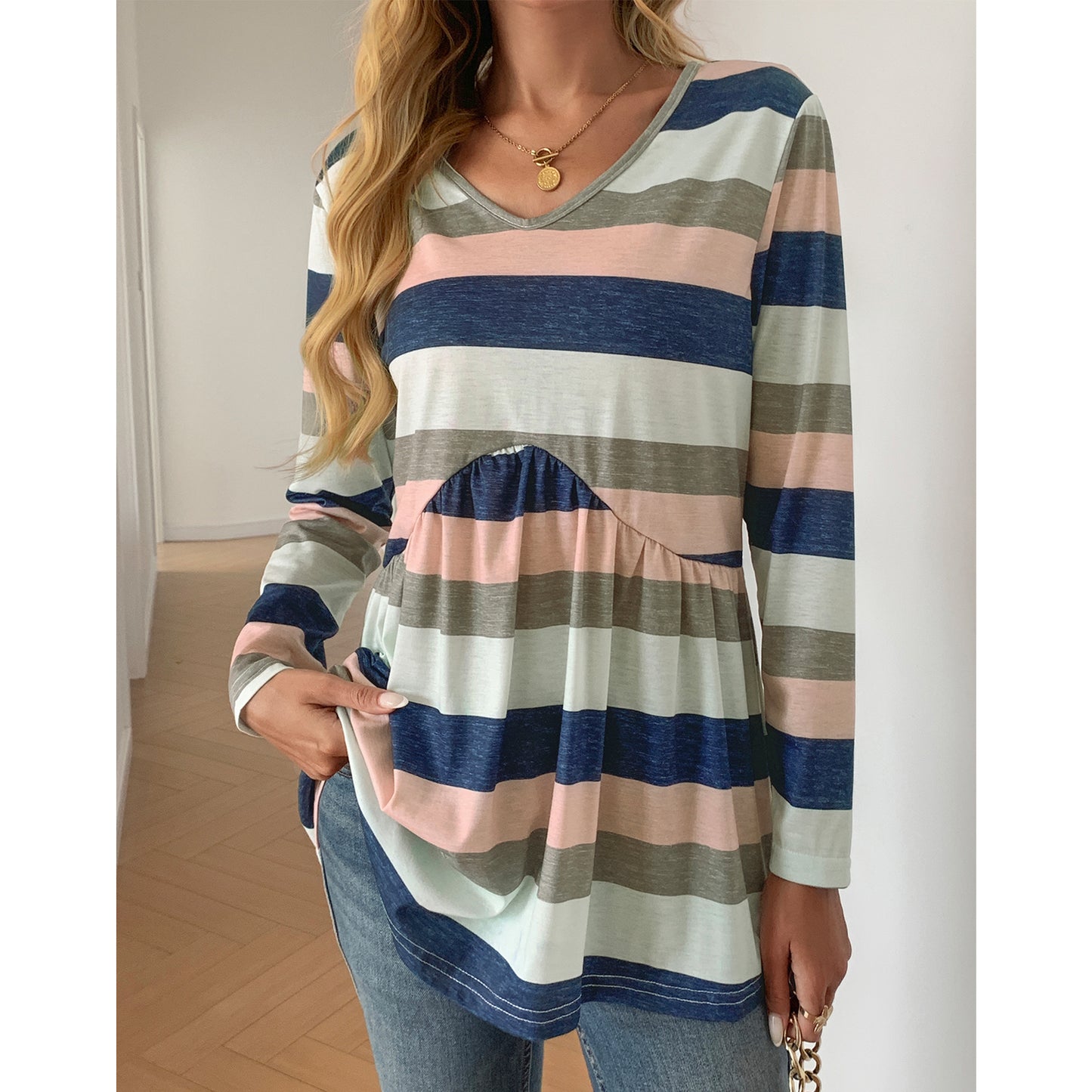 SOMER Women Stripe Tshirts Flowy Long Sleeve V Neck Tunic Top Trendy A-Line Blouses for Going out