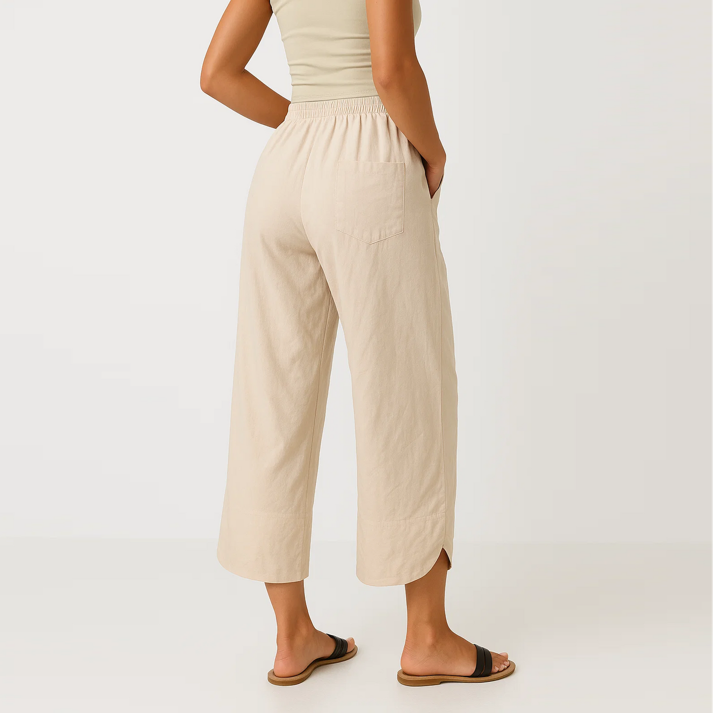 SOMER Linen Pants Women Wide Leg Cropped Capri Pants for Women with Drawstring High Waist Loose Fit Summer Beach Trousers with Pockets, Apricot