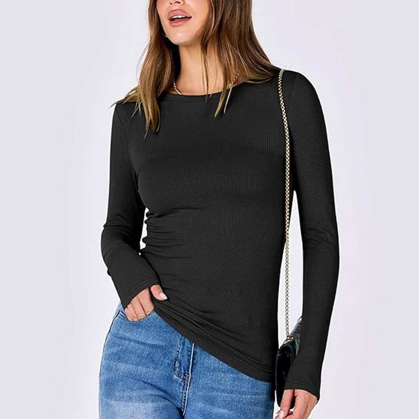 Fantaslook Fitted Long Sleeve Shirts for Women Stretch Casual Basic Tops Crewneck Ribbed Tees Shirts