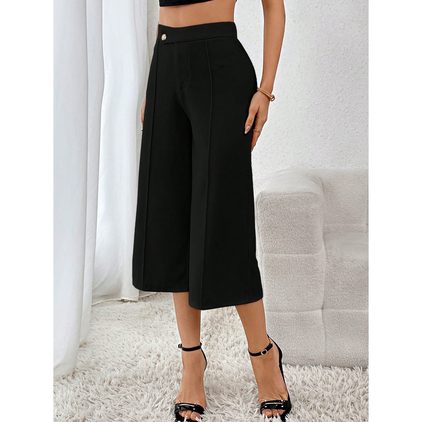 SOMER Capri Pants for Women, Wide Leg Pants Woman, Loose Fit, Black, Solid Color with Buckle, Casual Comfortable