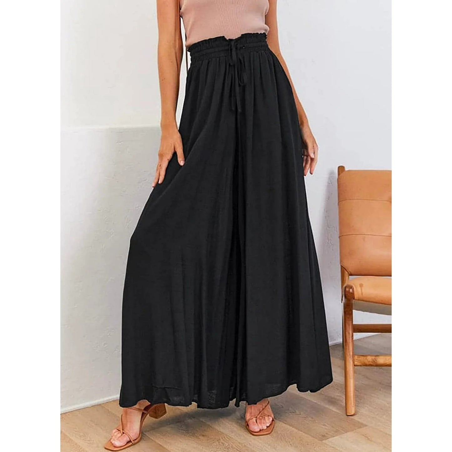SOMER Pants for Women Flowy Dressy Casual Elastic High Waist Wide Leg Palazzo Pants with Pocket