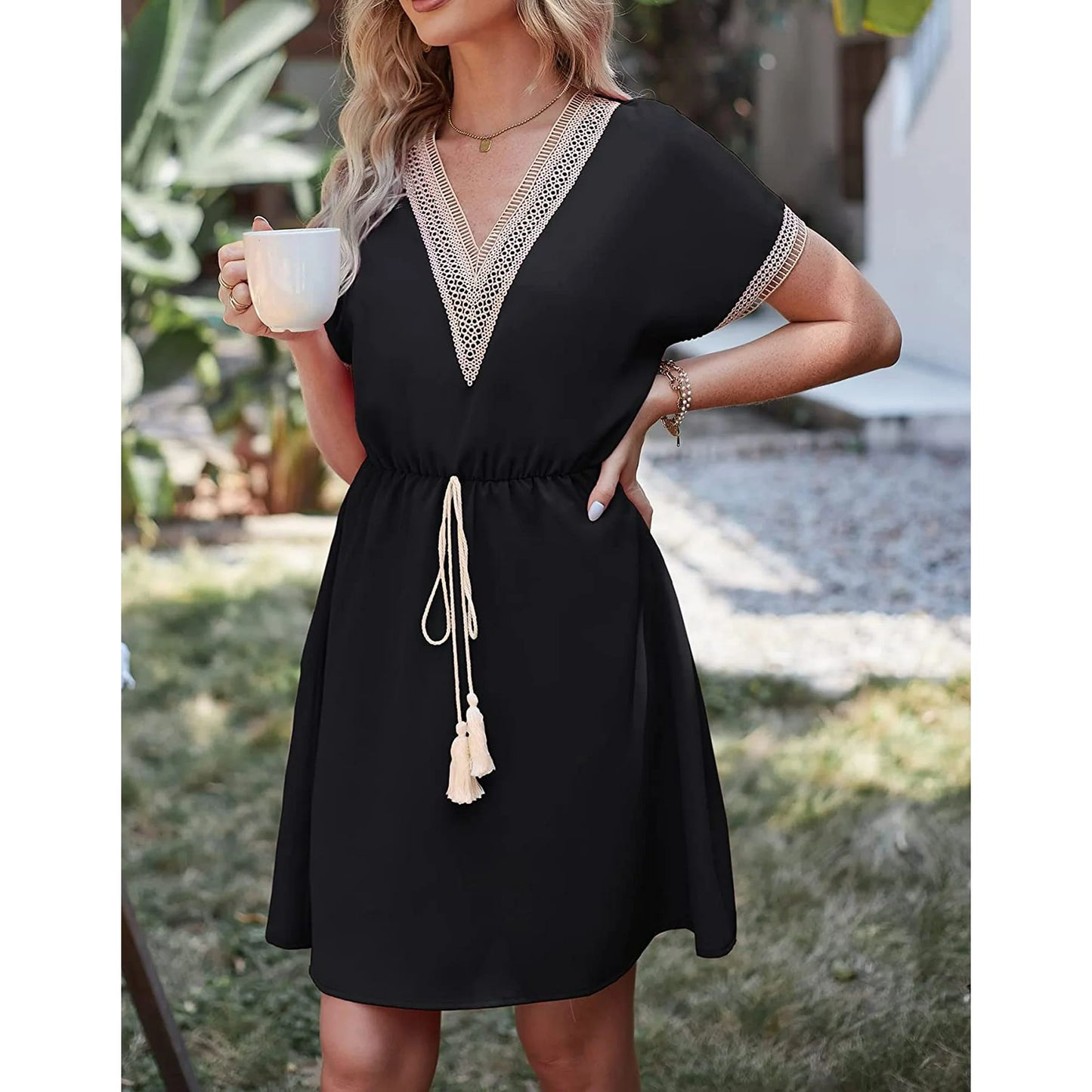 SOMER Dresses for Women Casual Wedding Guest Dress Short Sleeve V Neck Tie Front Flowy Black Maxi Cocktail Dresses for Women Summer Fall 2025