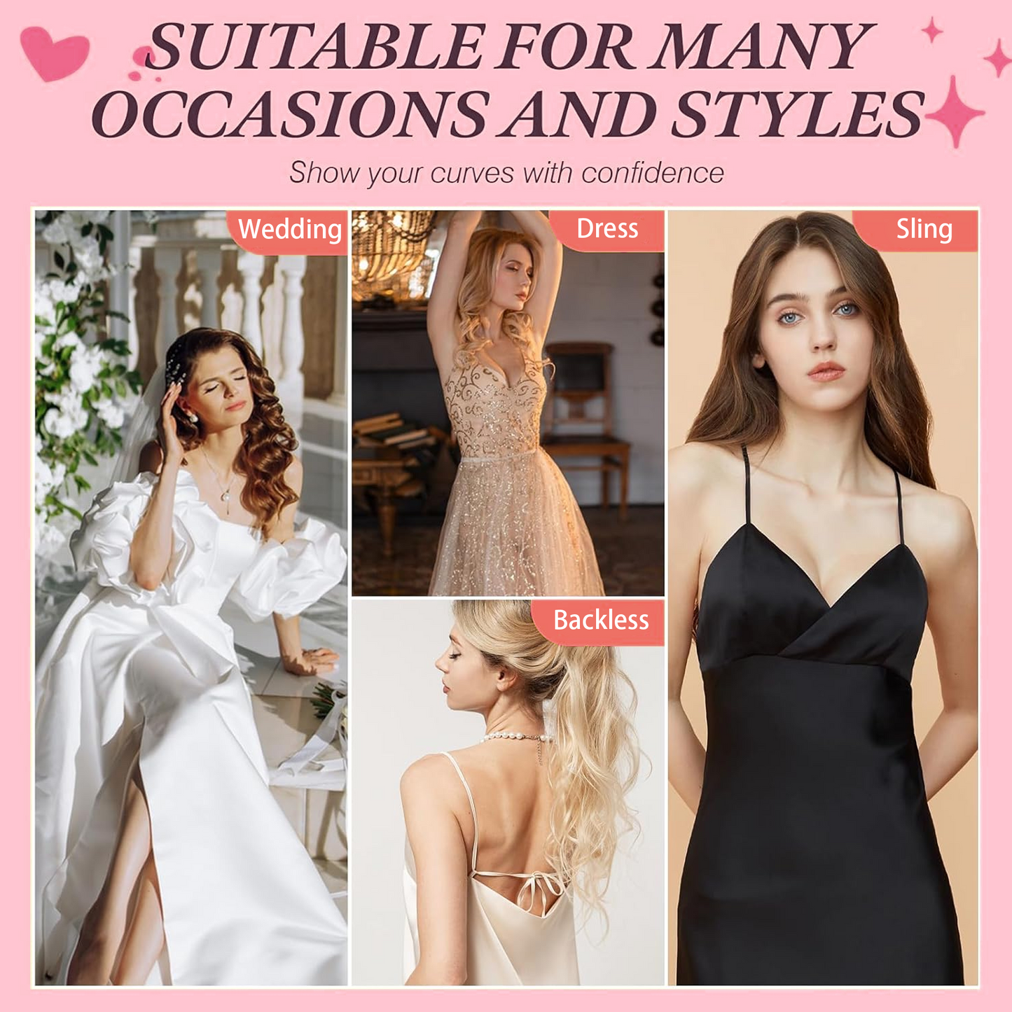 SOMER 2 Pairs Backless Bra, Sticky Bra, Reusable Adhesive Bra, Strapless Bras for Women, Push Up Backless Strapless Bra for Backless Dress Top, Adhesive Invisible Lift Up Bras with Nipple Covers