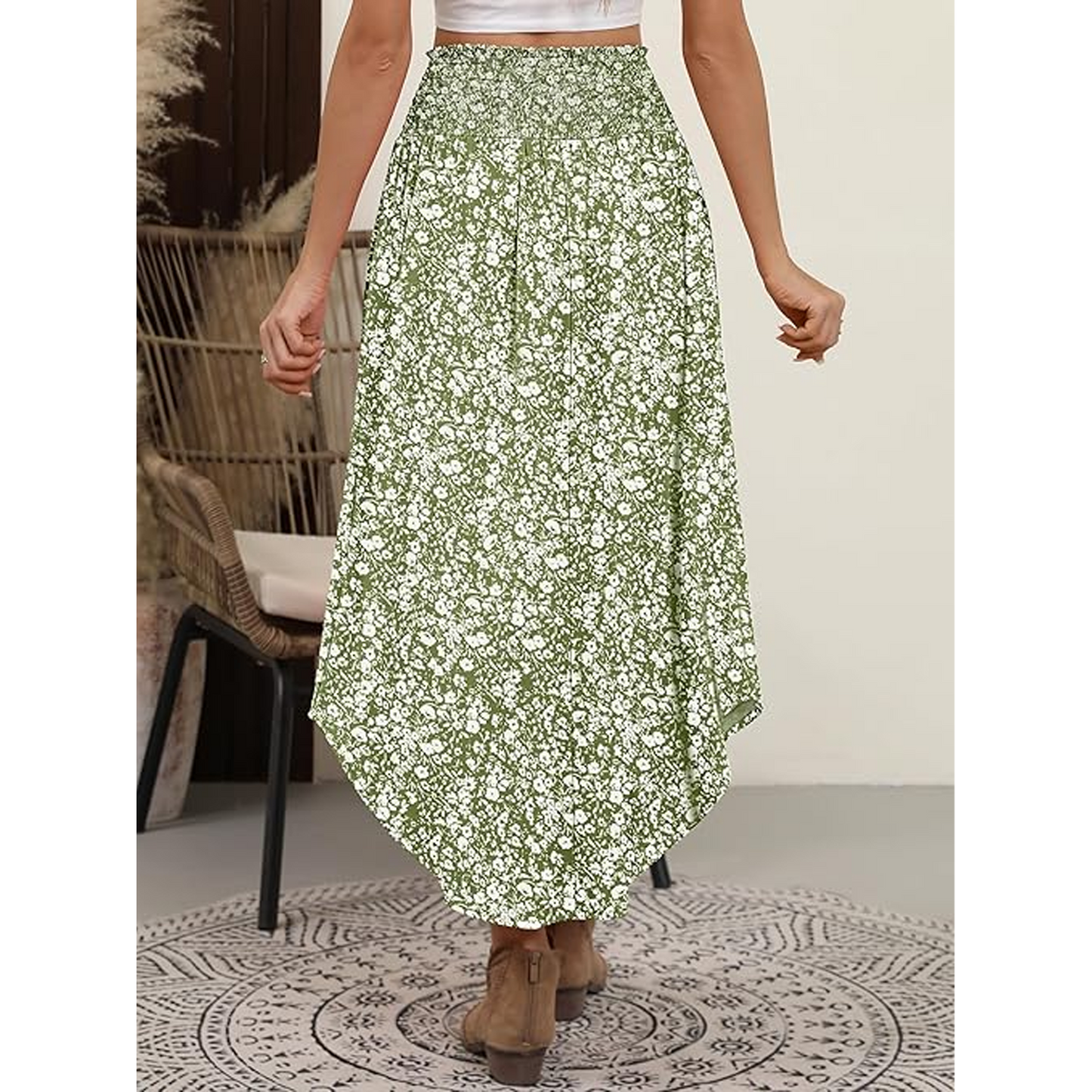 SOMER Skirts For Women Summer Boho Floral High Waisted Flowy Swing Pleated Beach Long Skirt With Pockets