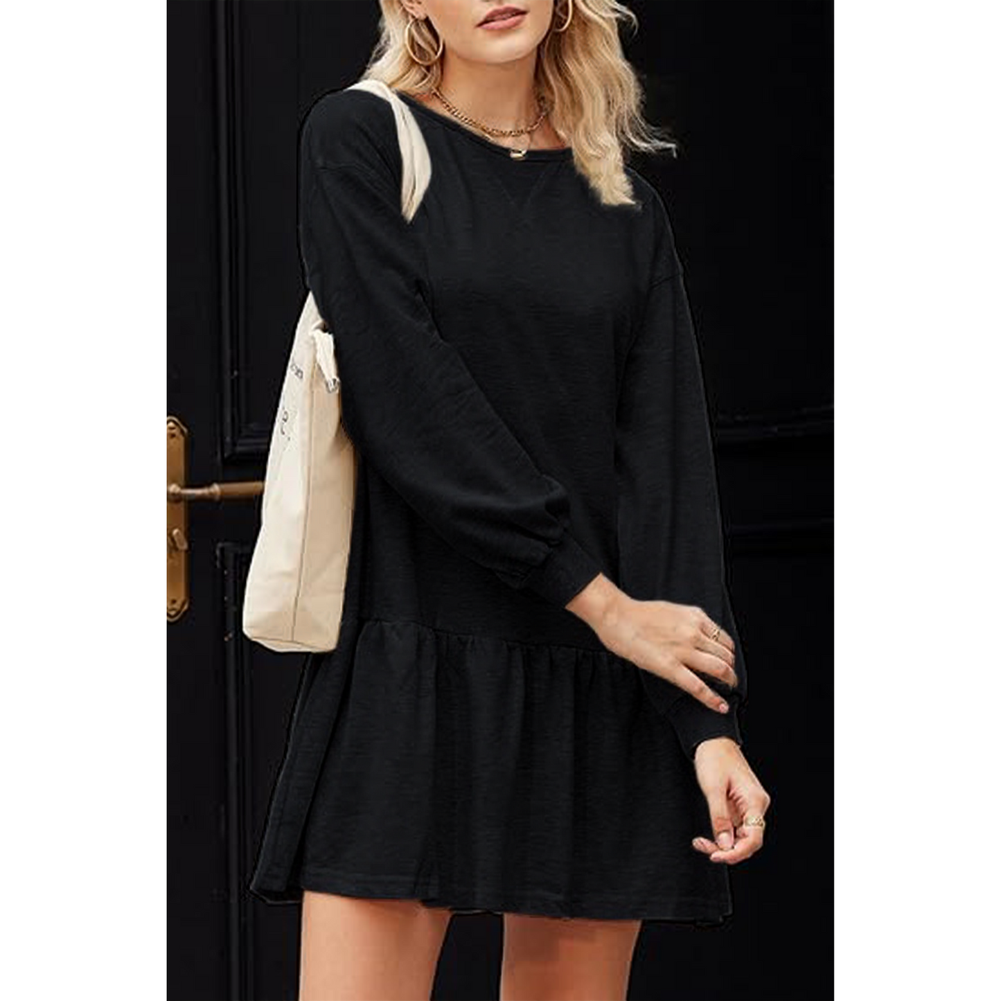 SOMER Fall Dresses for Women 2025, Crewneck Sweatshirt Dress Pullover, Mini Casual Dresses for Women Elegant Classy, A-Line Long Sleeve Black Dress