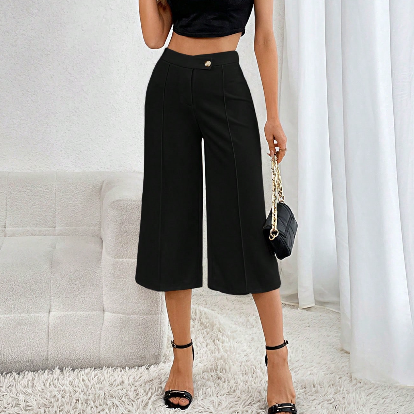 SOMER Capri Pants for Women, Wide Leg Pants Woman, Loose Fit, Black, Solid Color with Buckle, Casual Comfortable
